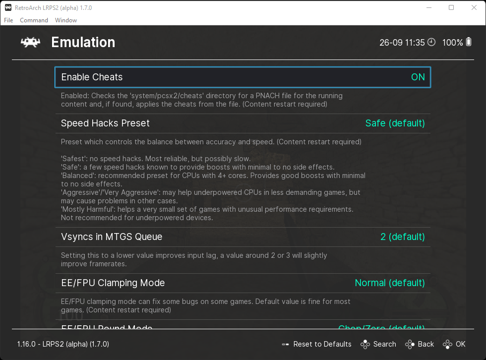 RetroArch PS2 Enable Cheats